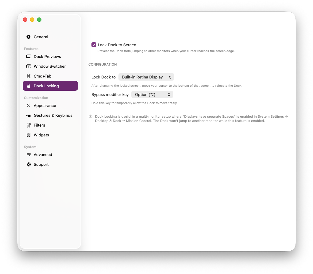 Dock Locking settings showing screen picker and bypass modifier options