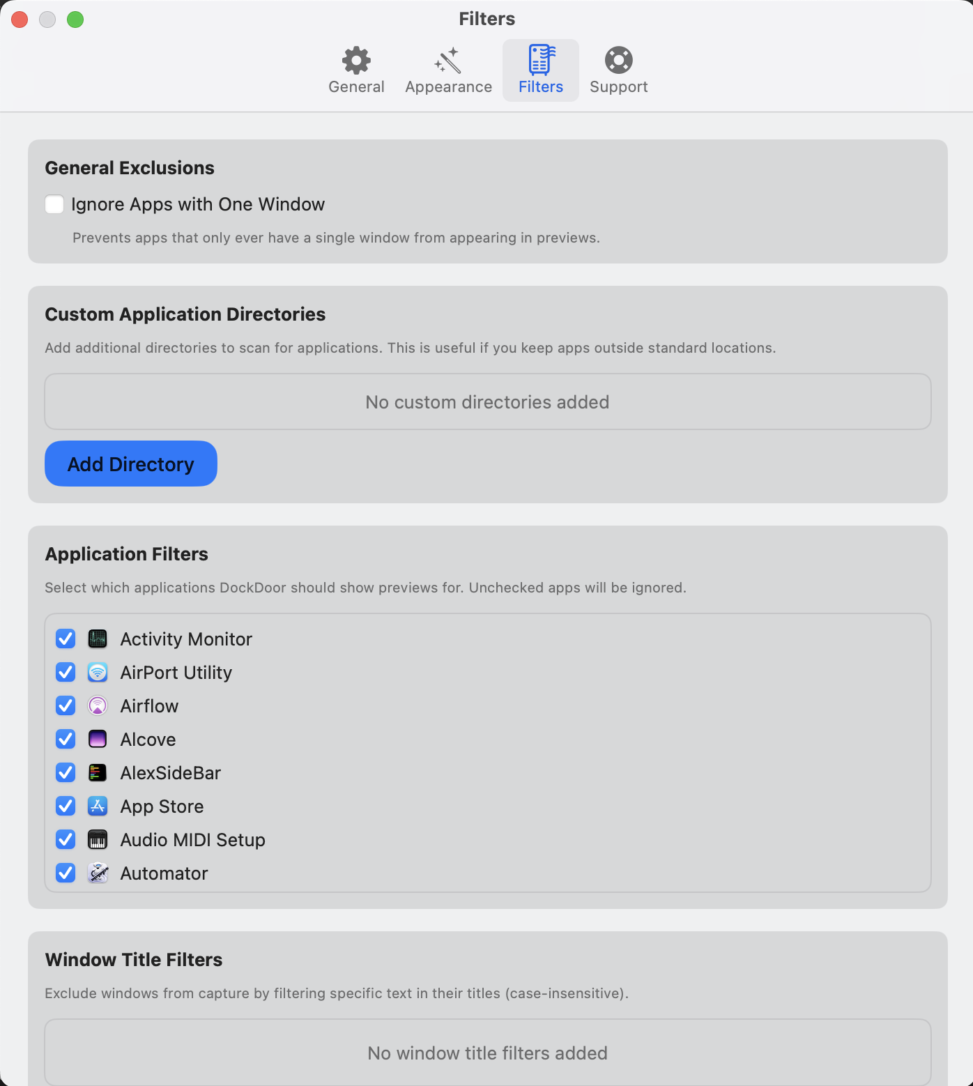 Filters settings panel