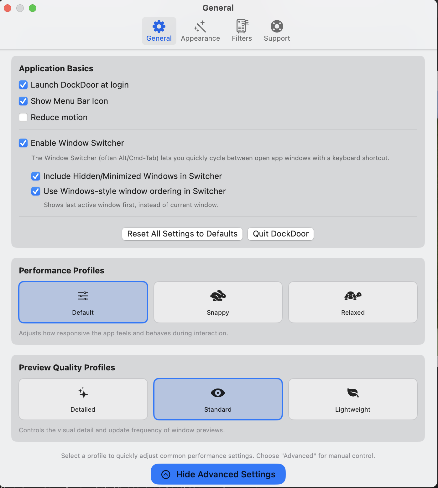 General settings panel