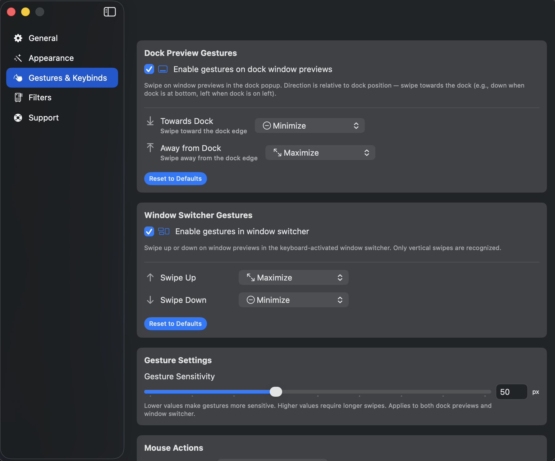 Gestures and keybinds settings panel