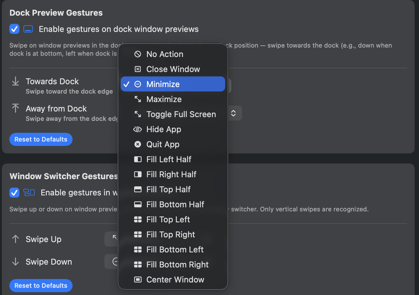 Trackpad gesture configuration options