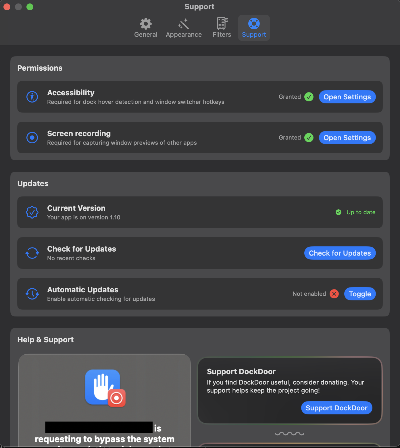 Support settings panel