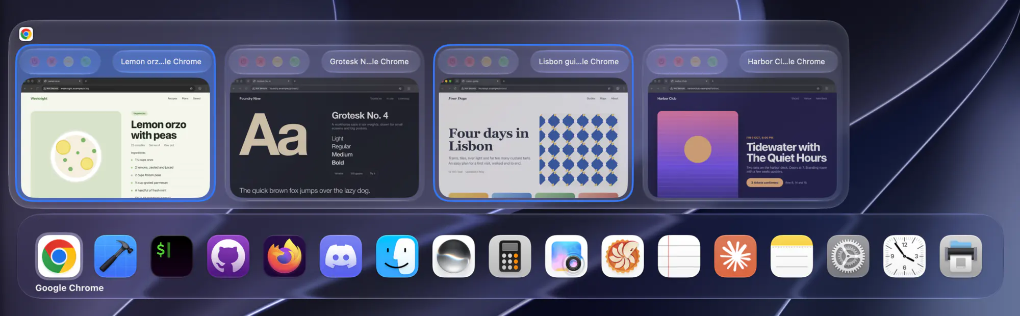 The macOS Command-Tab switcher with Google Chrome highlighted and DockDoor showing its four windows above it