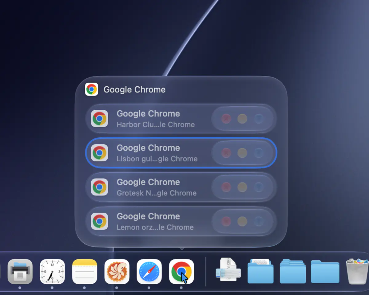 Four Chrome windows shown as a compact list of titles above the Dock