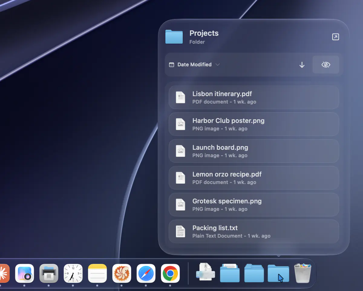 A Projects folder in the Dock opened as a list of files sorted by date modified