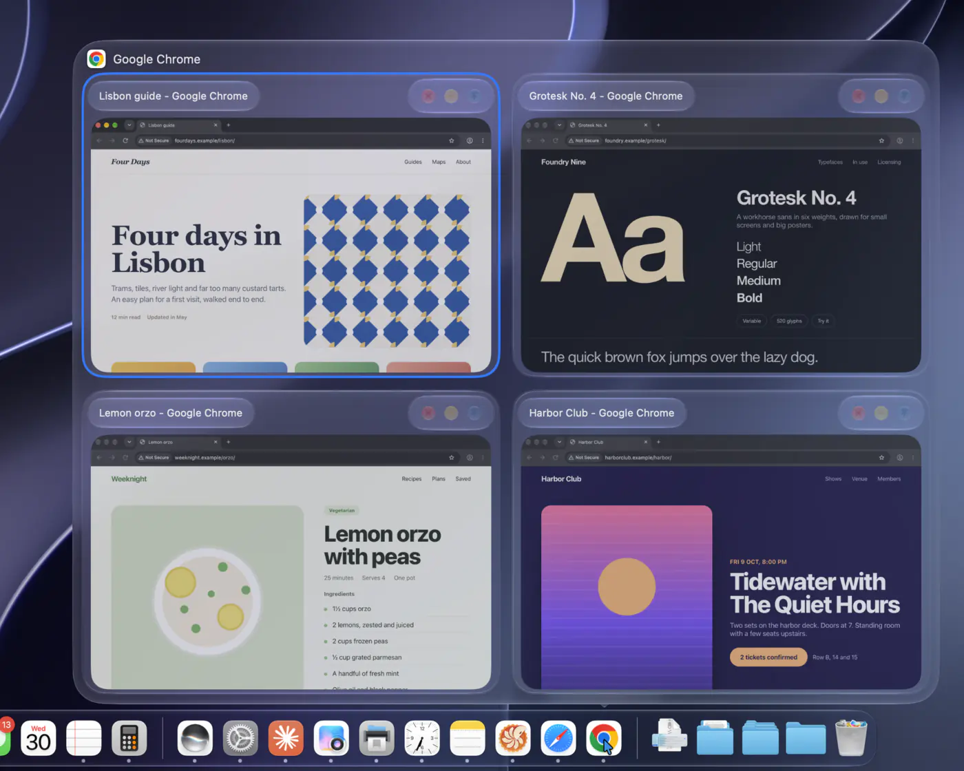 Four large window previews in a two by two grid above the Dock