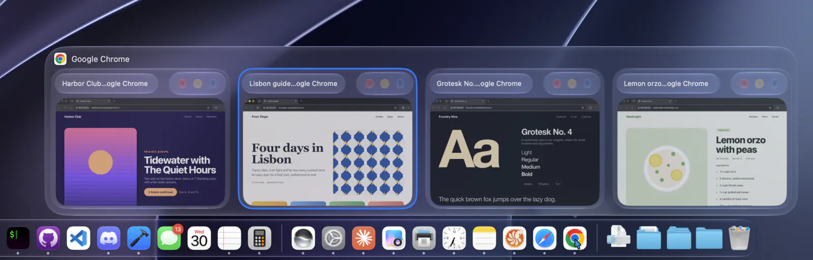 Dock preview with a title and controls above each thumbnail