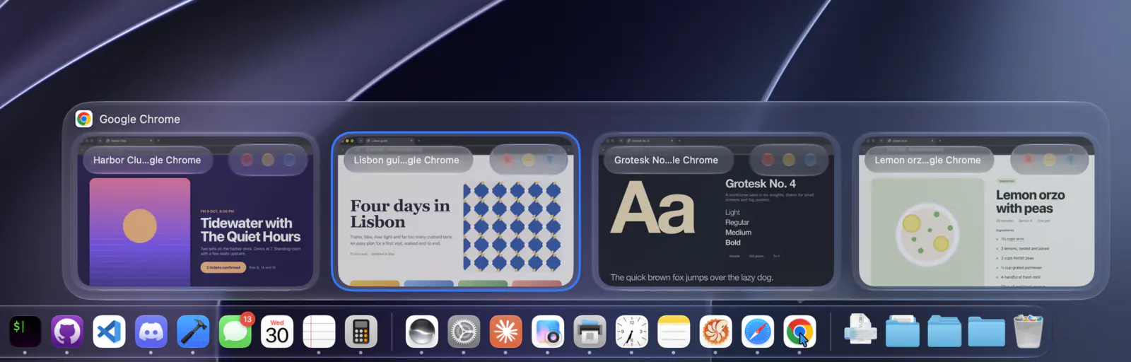Dock preview with the title and controls floating on each thumbnail