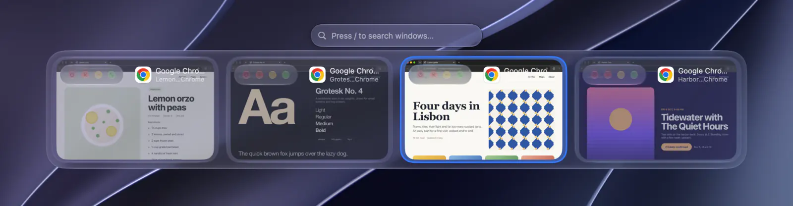Window switcher with the controls floating on each window