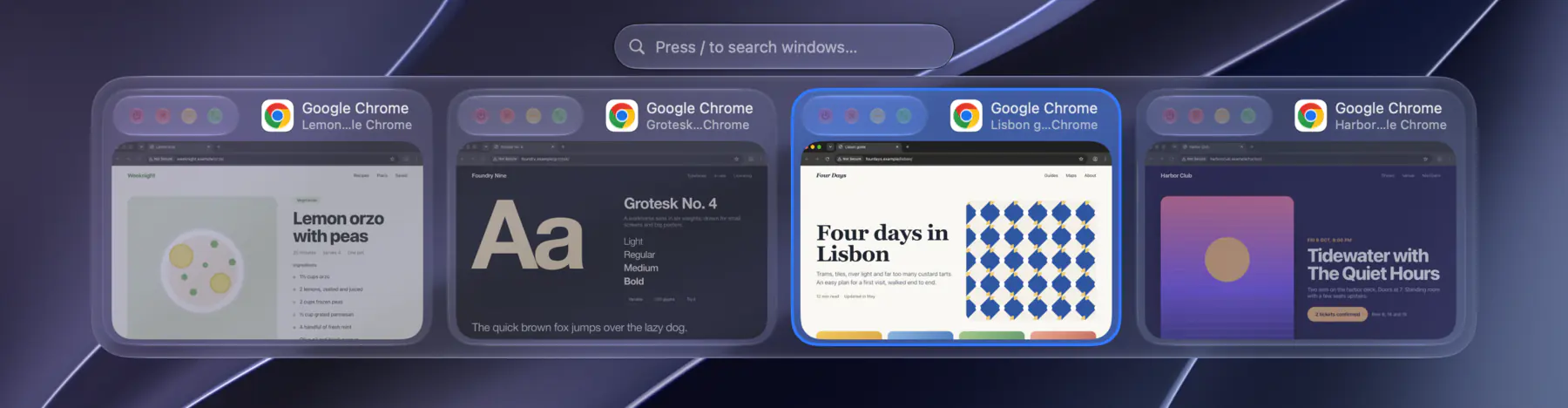 Window switcher with the app name, title and controls above each window